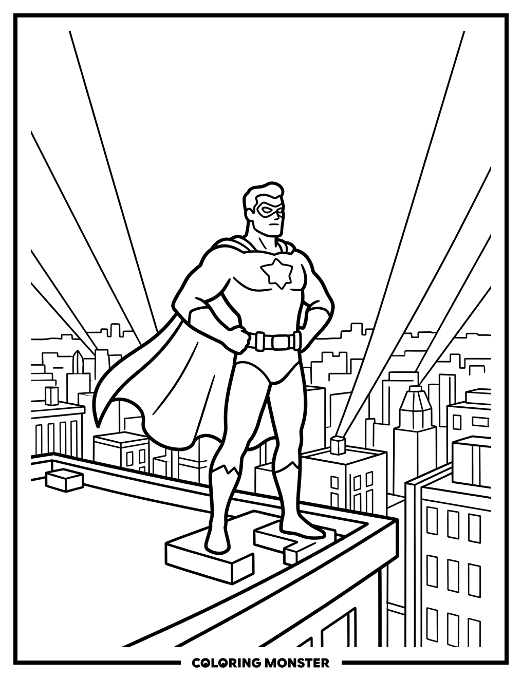 Superhero on Rooftop Coloring Page