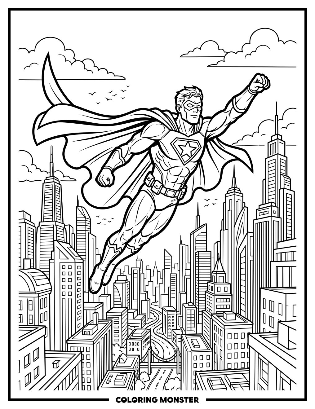 Superhero Soaring Above Cityscape Coloring Page