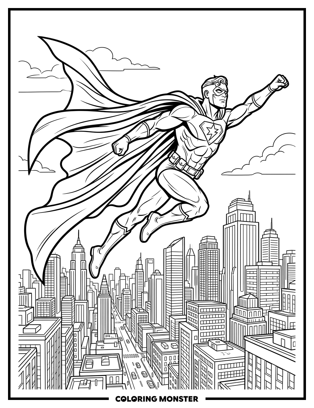 Superhero Soaring Above Cityscape Coloring Page