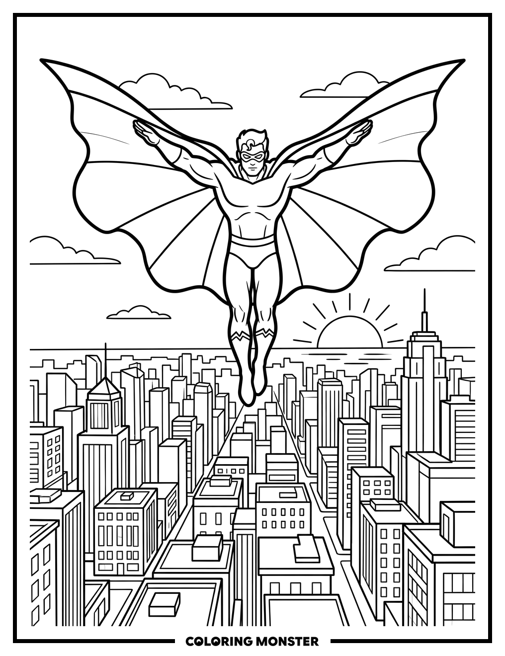 Superhero Soaring Over Cityscape Coloring Page