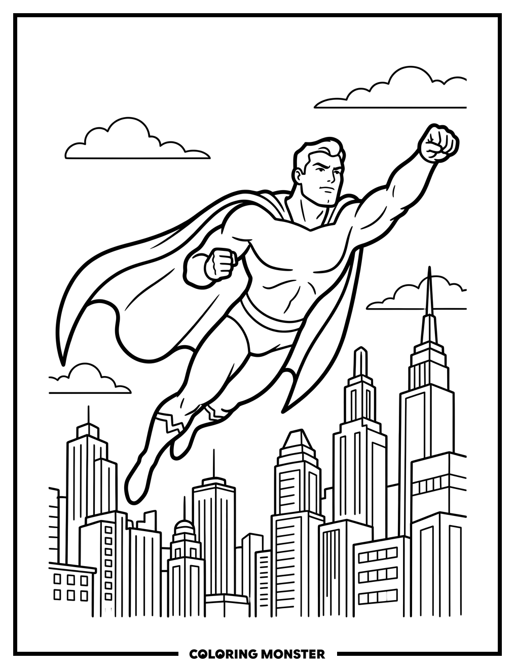 Superhero Soaring Over Cityscape Coloring Page