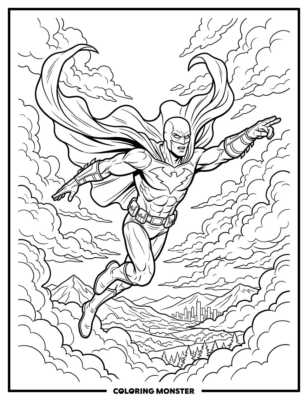 Superhero Soaring Through Clouds Coloring Page