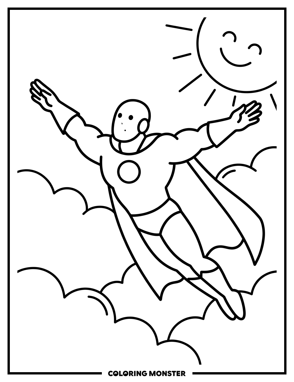 Superhero Soaring Through Clouds Coloring Page