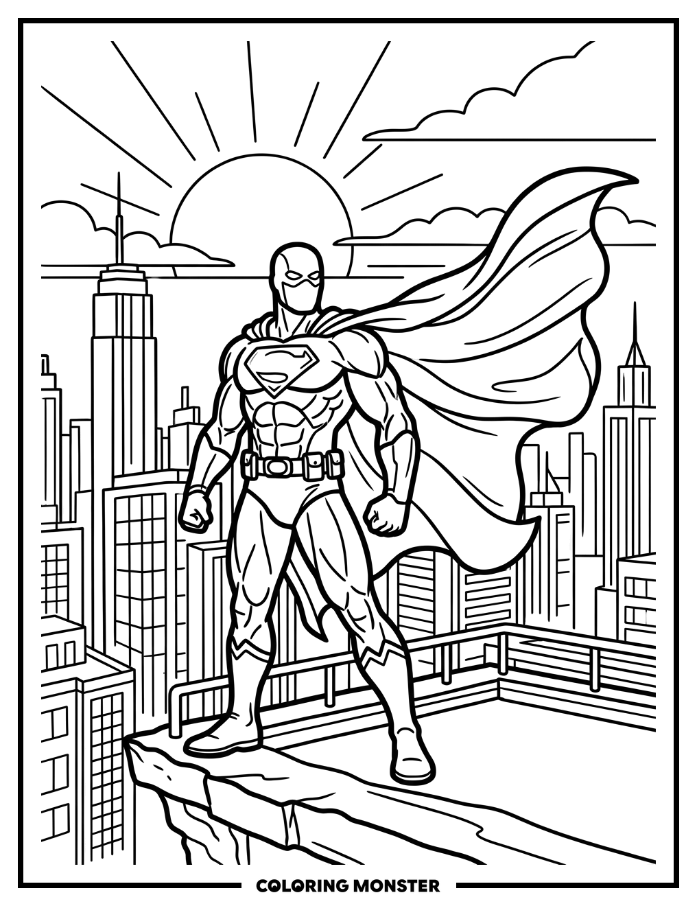 Superhero Standing In City Coloring Page