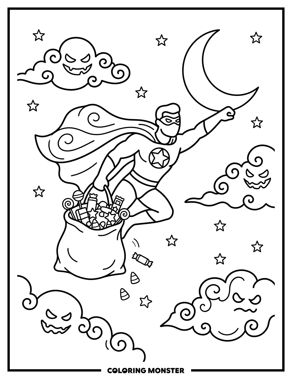Superhero With Halloween Candy Coloring Page