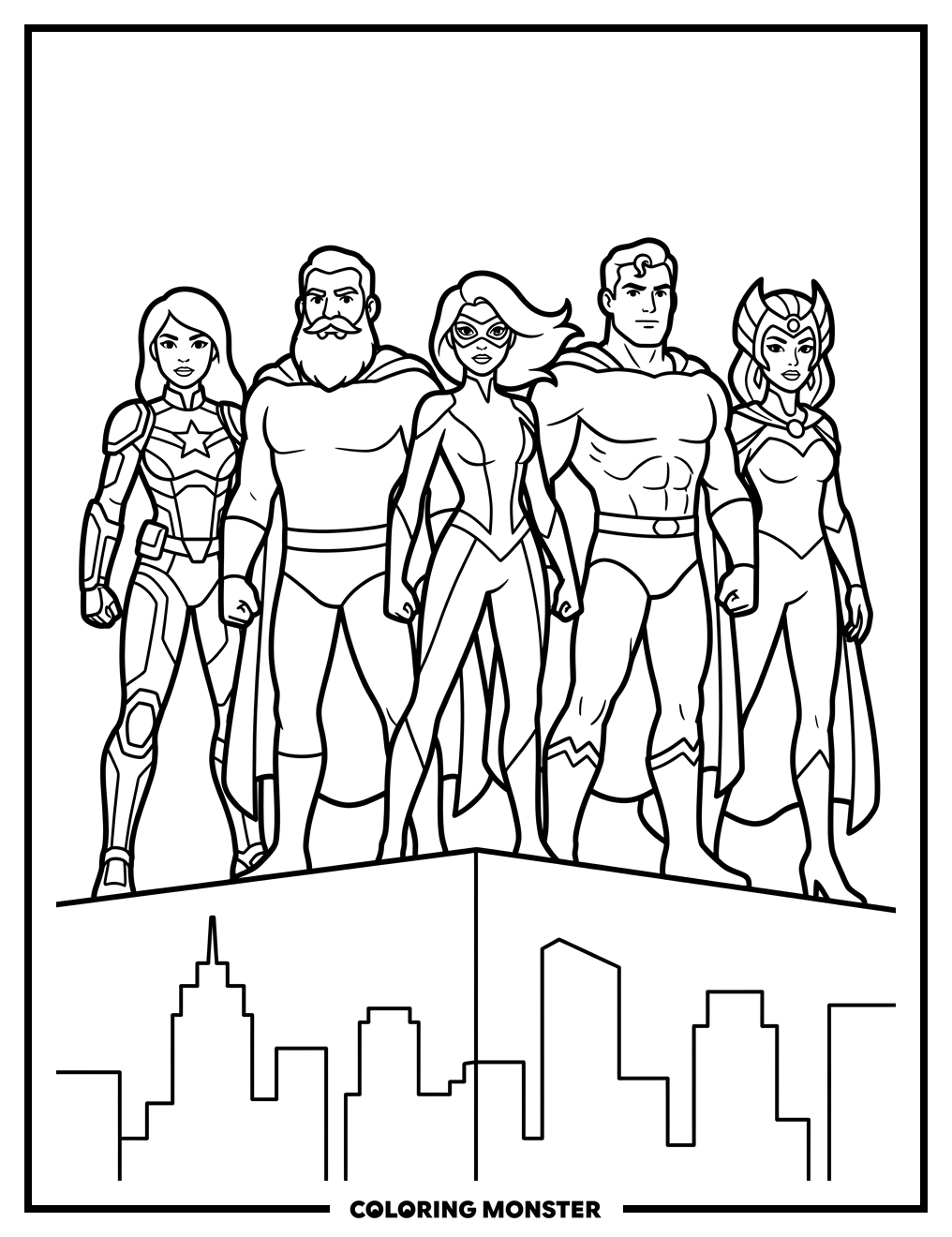 Superheroes on City Rooftop Coloring Page