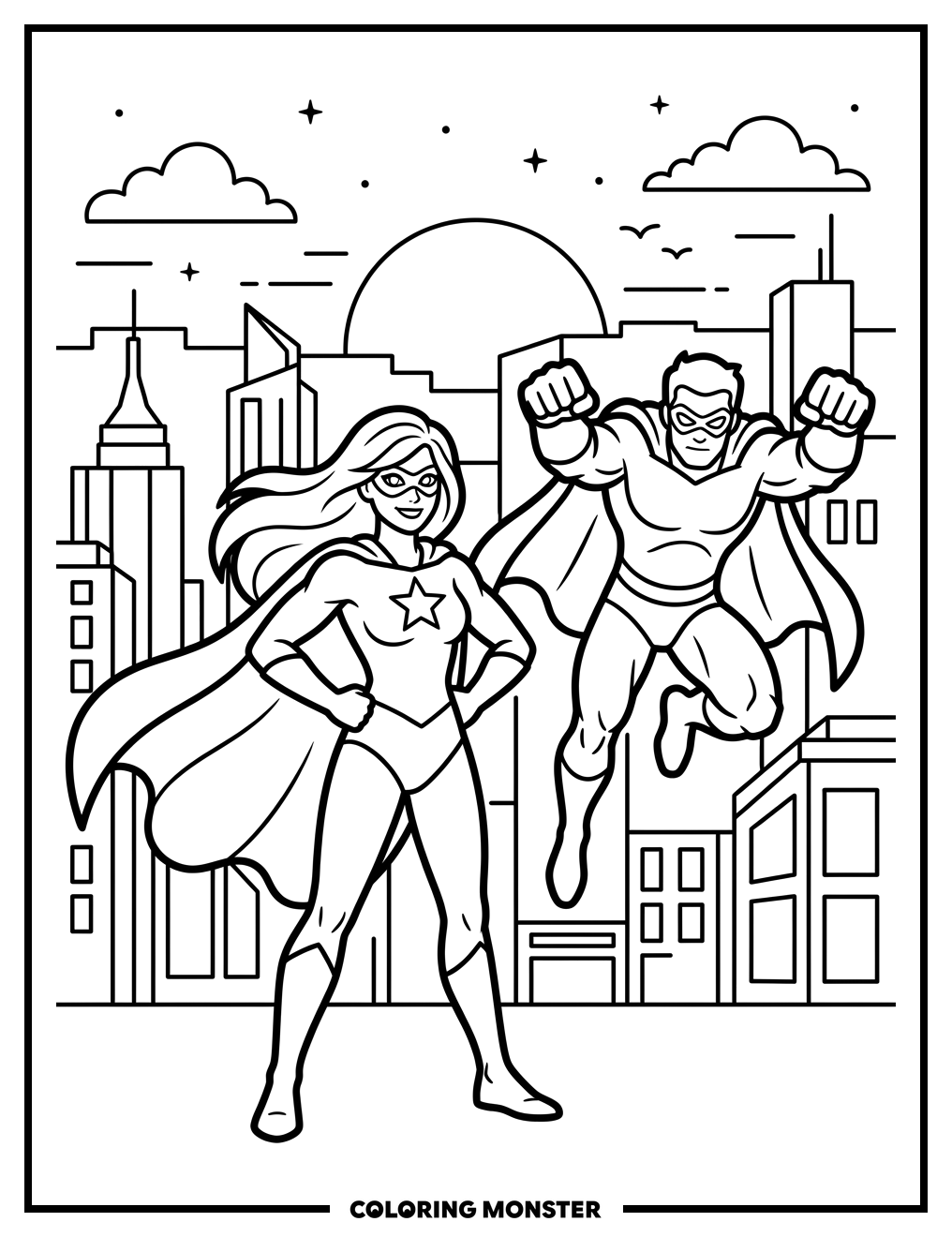 Superheroes Ready for Action Coloring Page