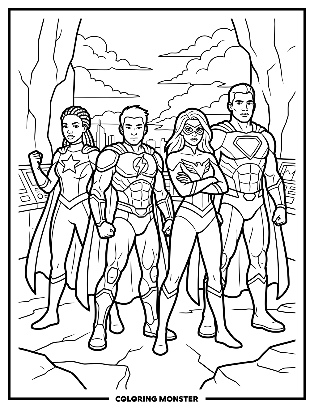 Superheroes Standing Ready Coloring Page