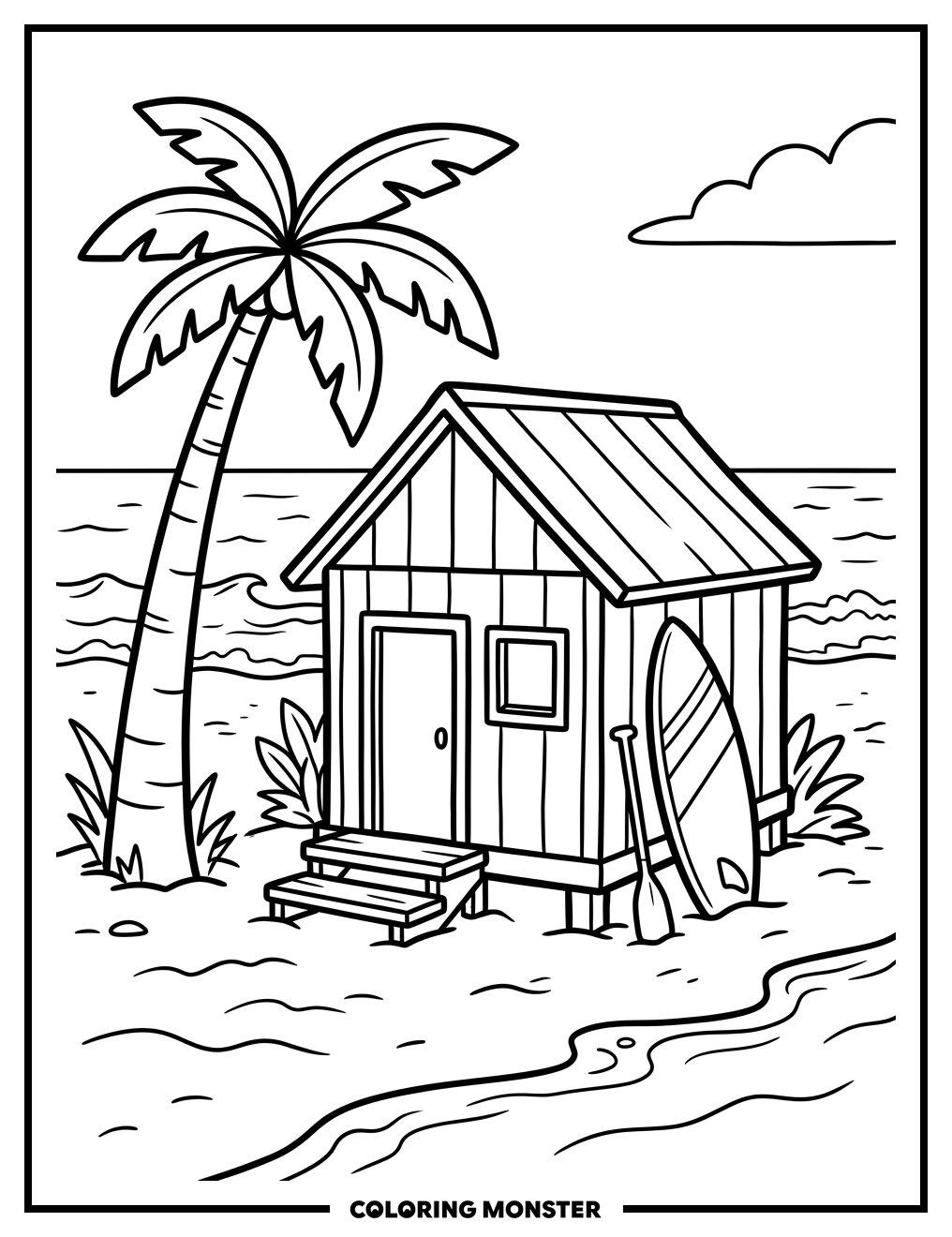 Surf Shack on Sandy Beach Coloring Page
