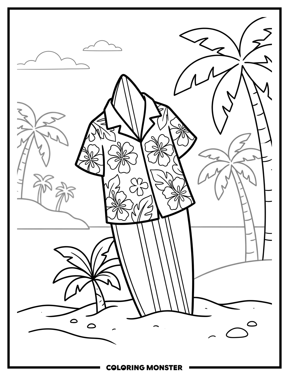 Surfboard on Beach Coloring Page