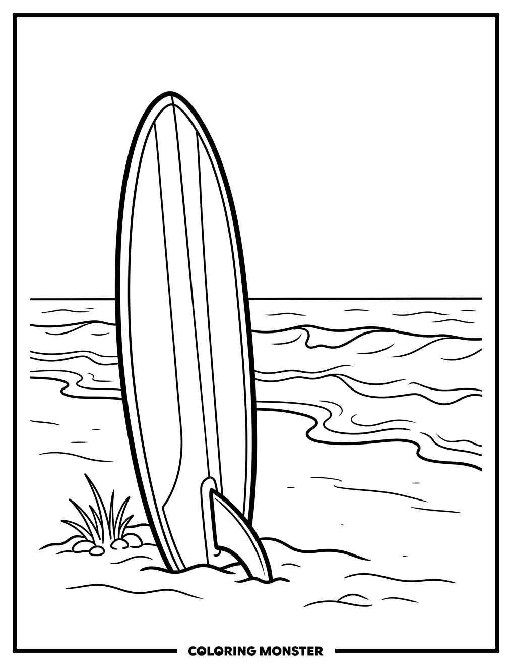 Surfboard on Sandy Beach Coloring Page