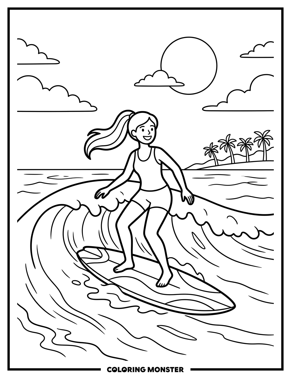 Surfer Girl on Gentle Wave Coloring Page