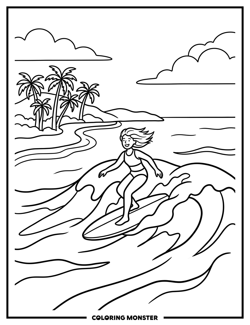 Surfer Riding a Gentle Wave Coloring Page