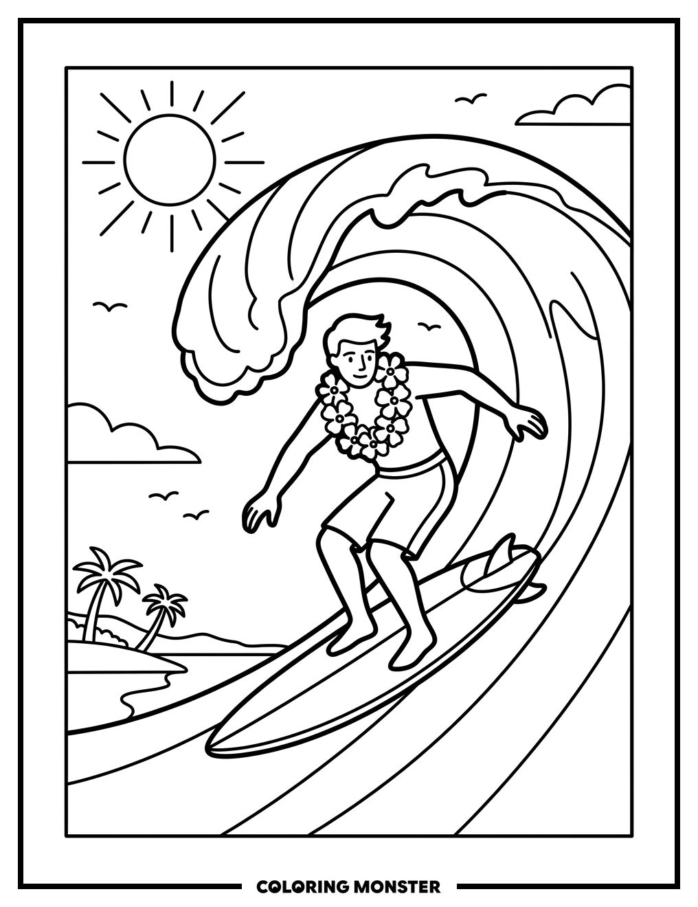 Surfer Riding a Wave Coloring Page