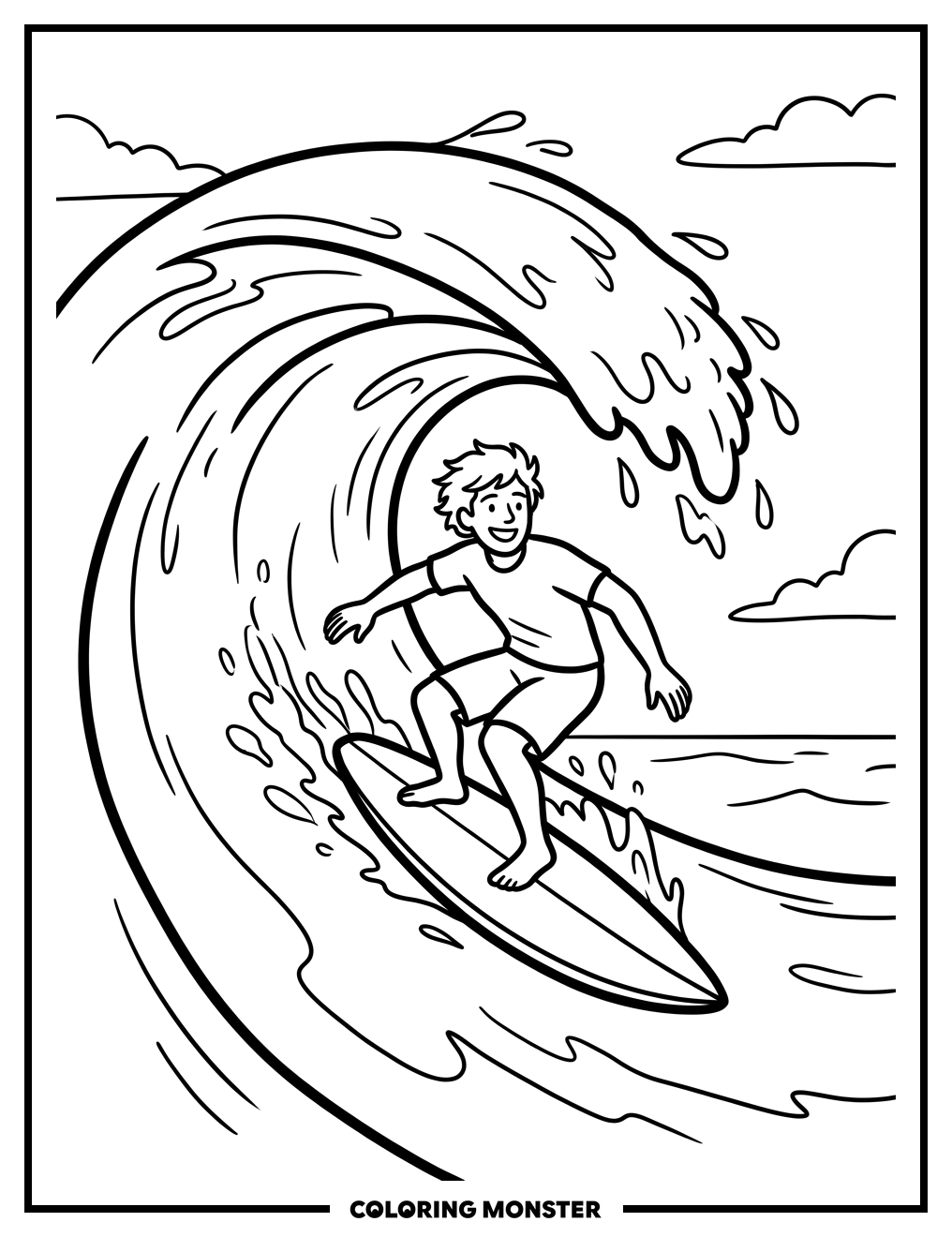 Surfer Riding Ocean Wave Coloring Page