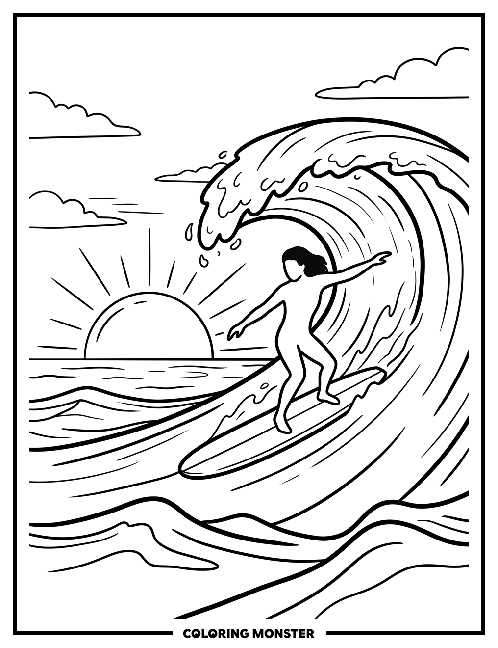 Surfer Riding Sunset Wave Coloring Page
