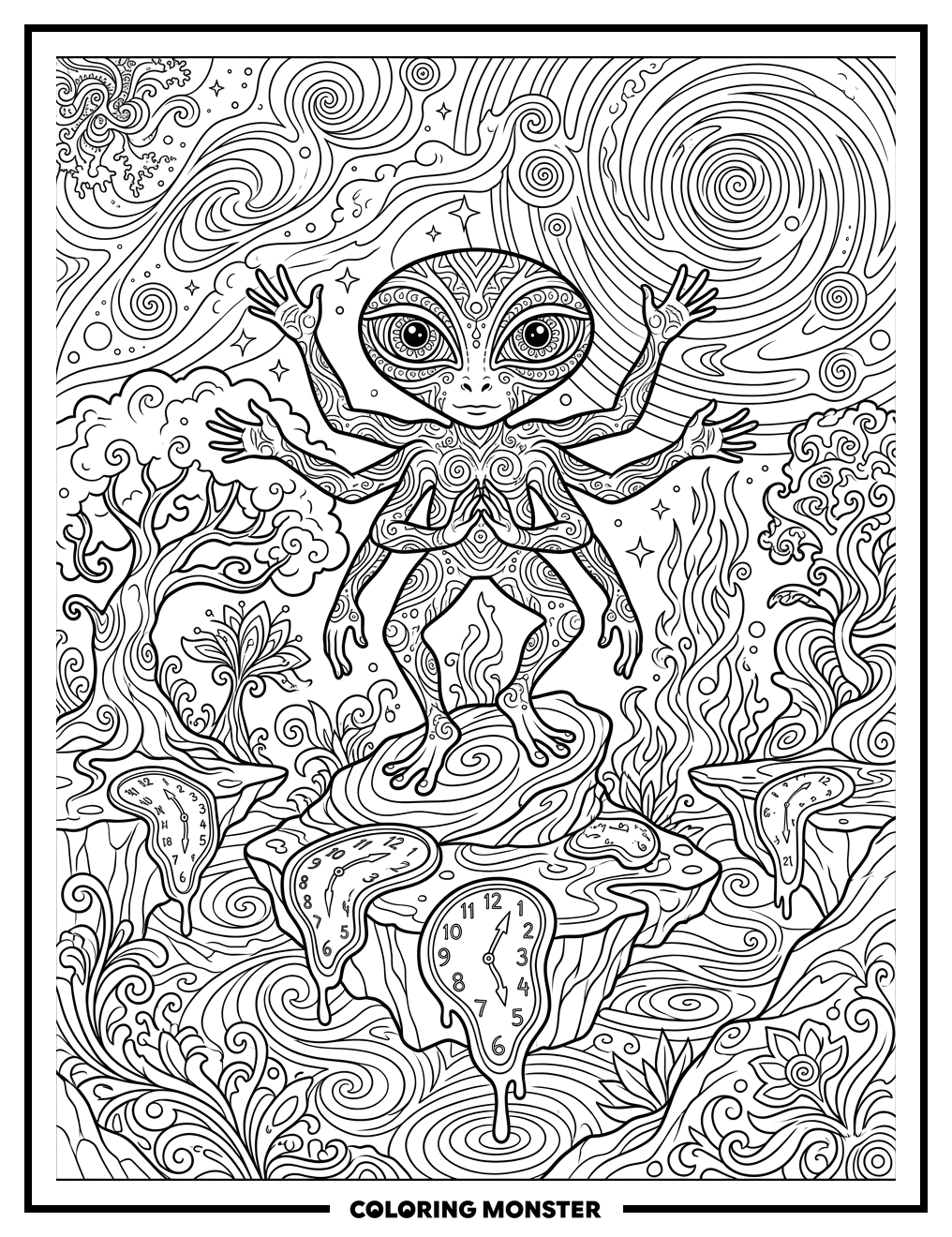 Surreal Creature Amidst Melting Clocks Coloring Page