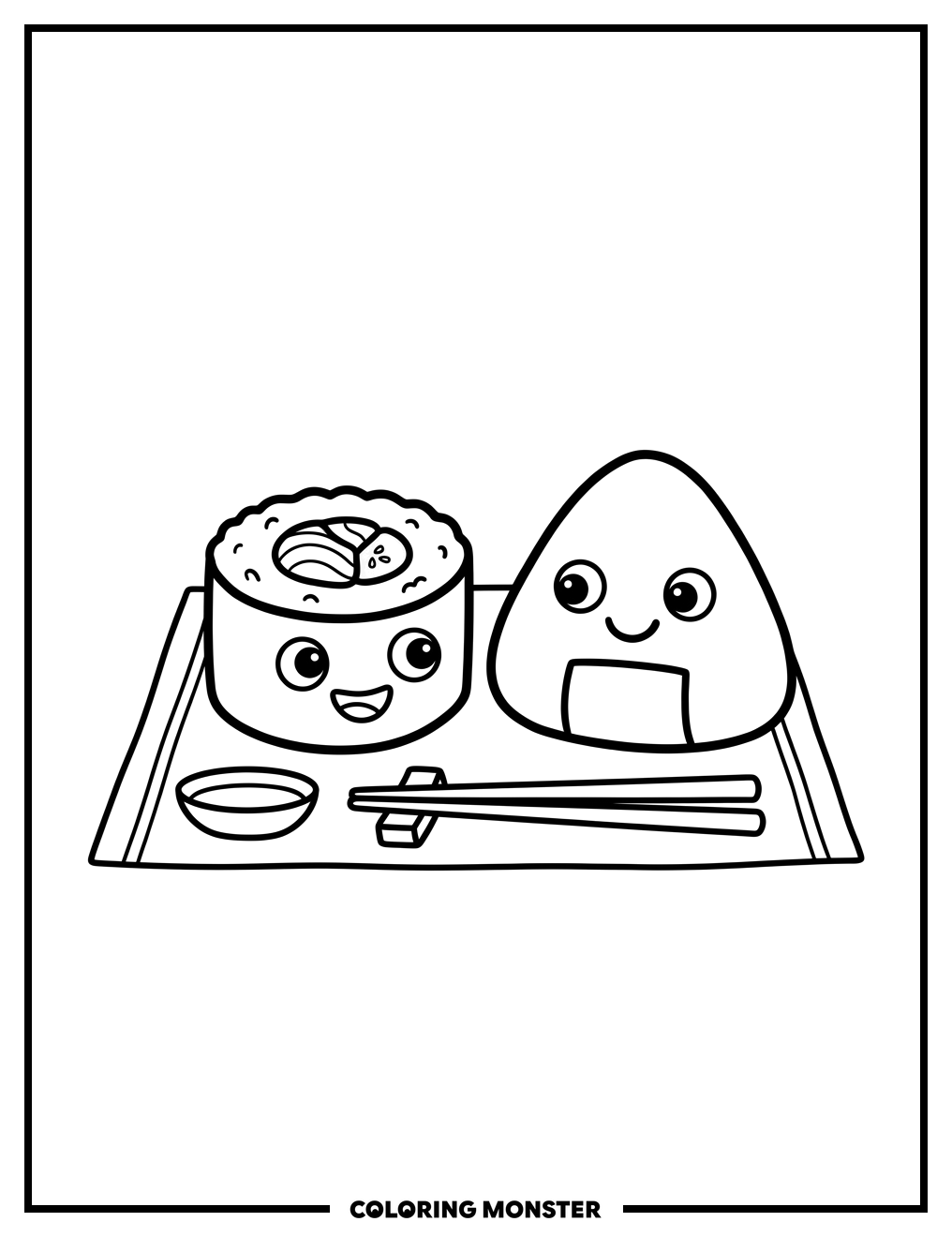 Sushi Roll and Onigiri Friends Coloring Page