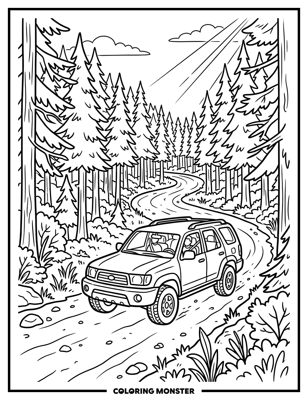 SUV Driving Through Pine Forest Coloring Page