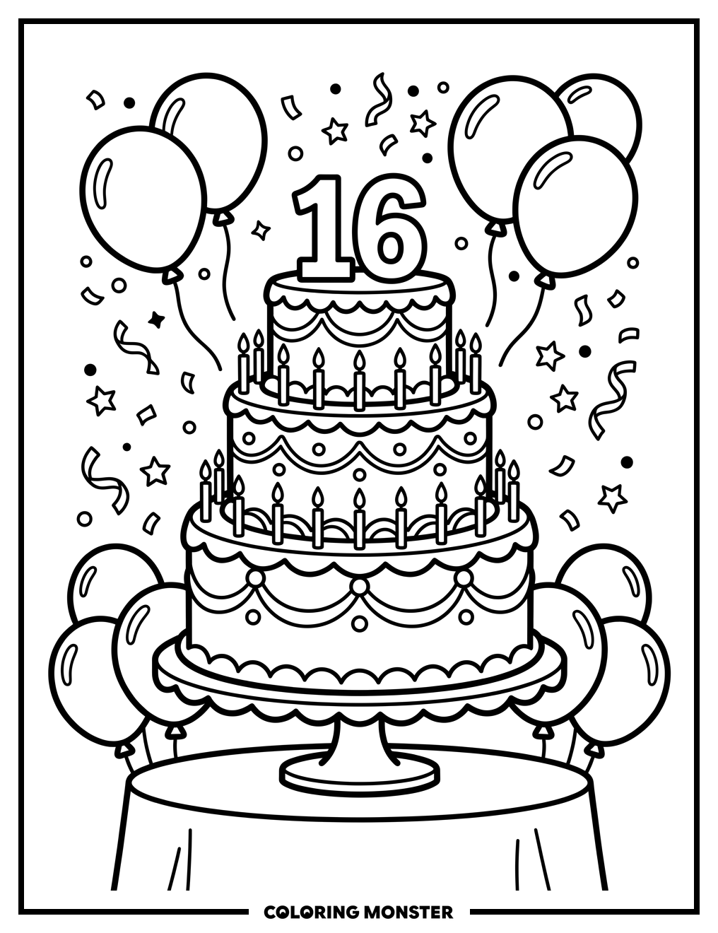 Sweet Sixteen Birthday Cake Coloring Page