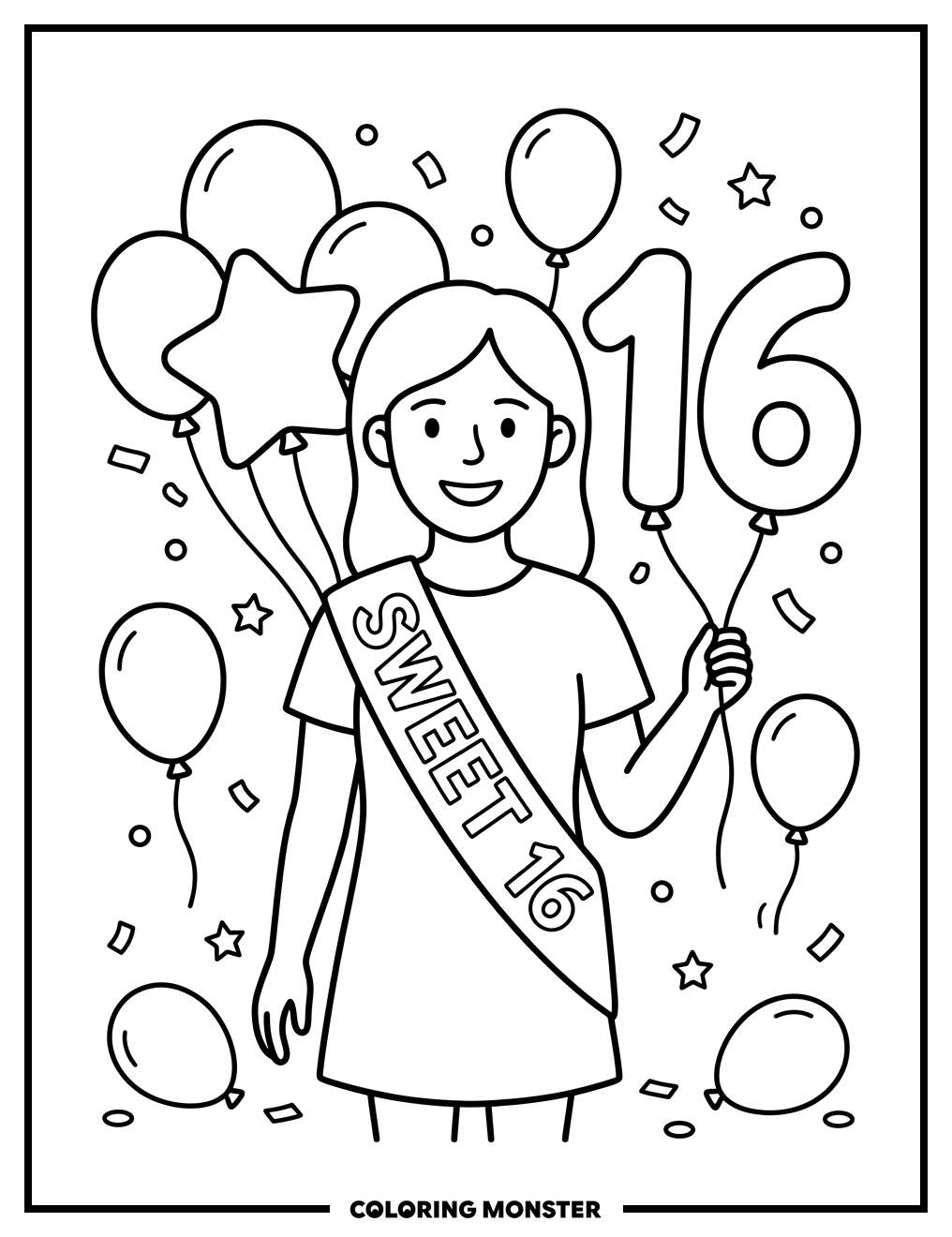 Sweet Sixteen Birthday Celebration Coloring Page