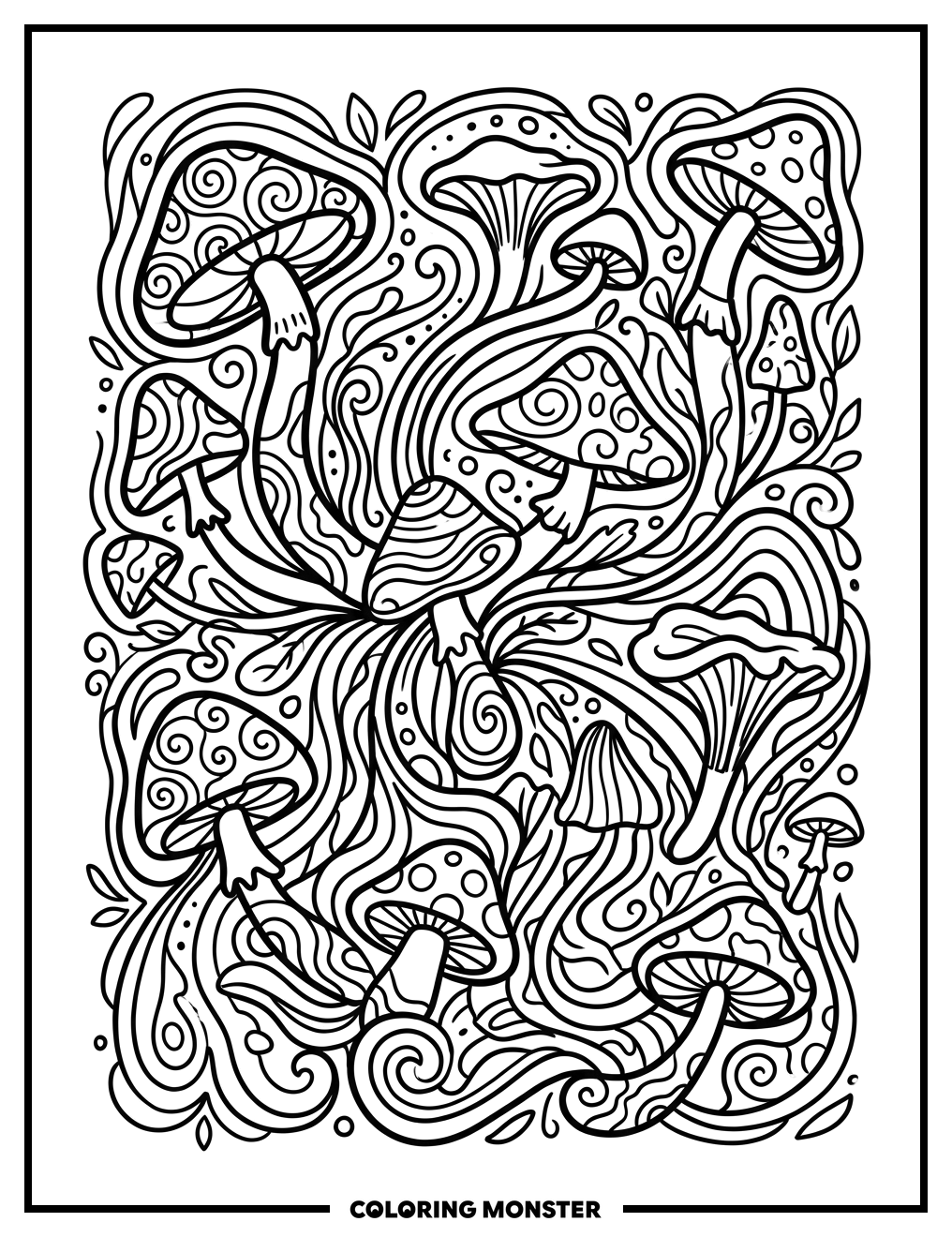 Swirling Mushroom Pattern Coloring Page