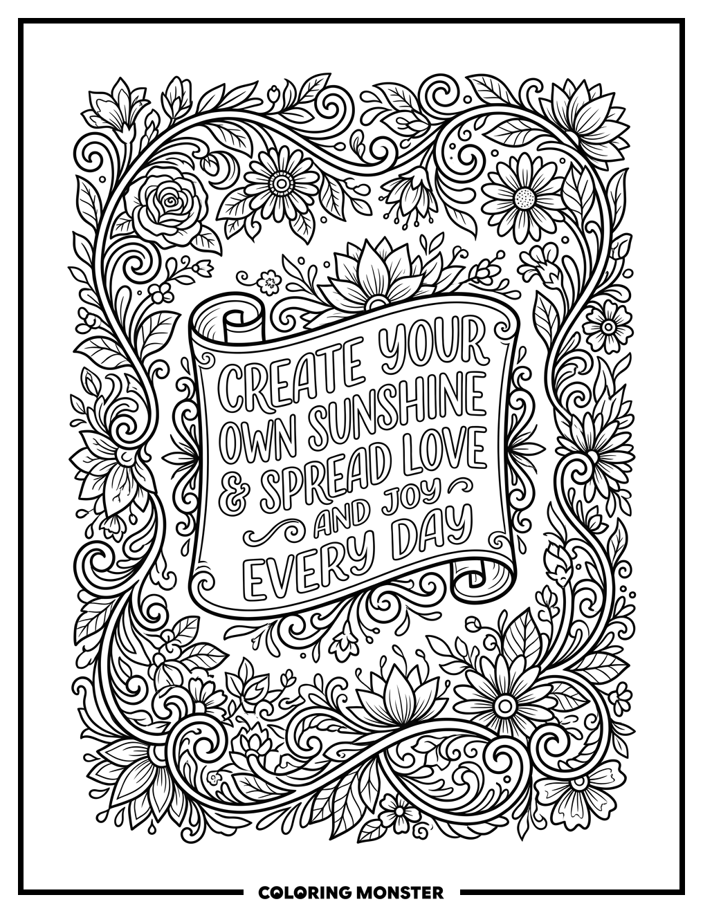 Swirling Vines and Flowers Frame with Quote Coloring Page
