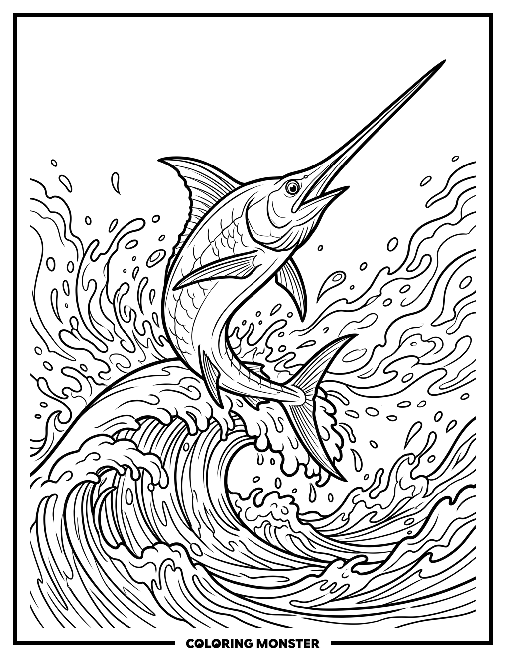 Swordfish Leaping From Ocean Wave Coloring Page