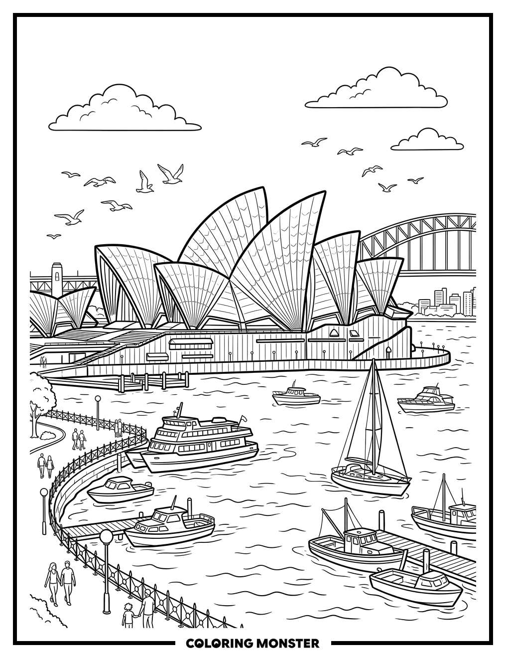 Sydney Opera House and Harbor Coloring Page
