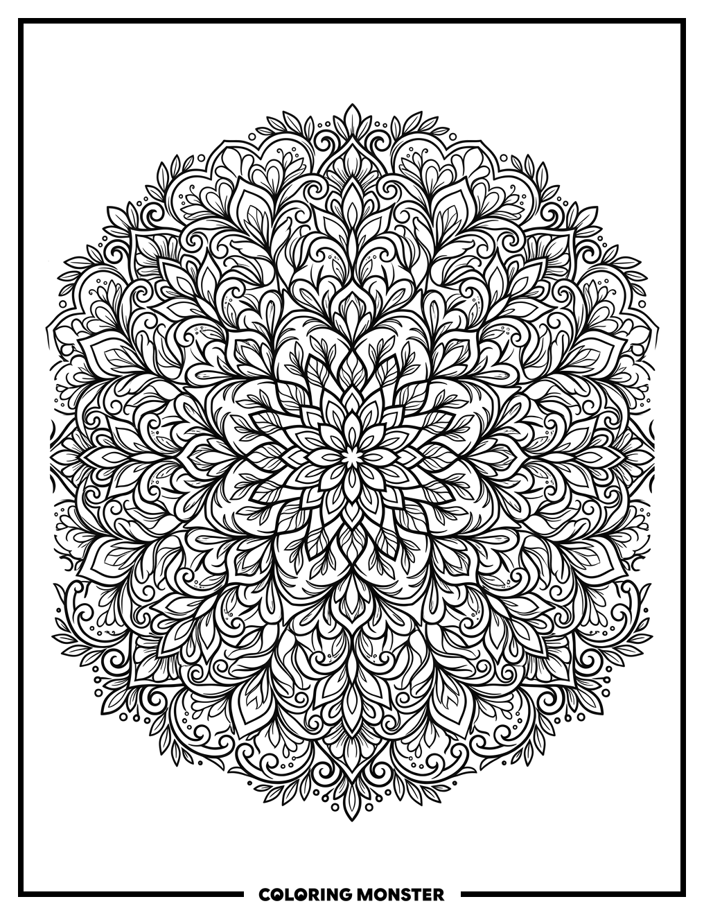 Symmetrical Floral Mandala With Swirling Motifs Coloring Page