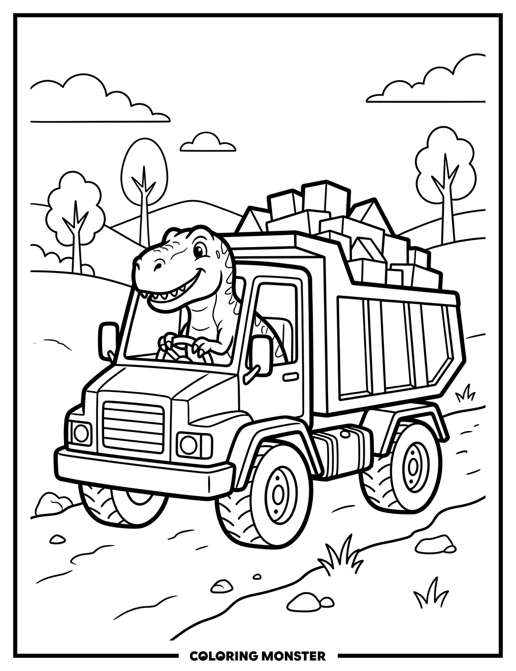 T-Rex Driving a Dump Truck Coloring Page