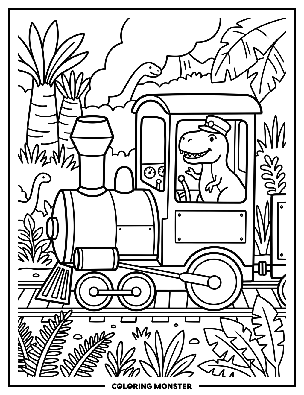T-Rex Driving a Steam Train Coloring Page