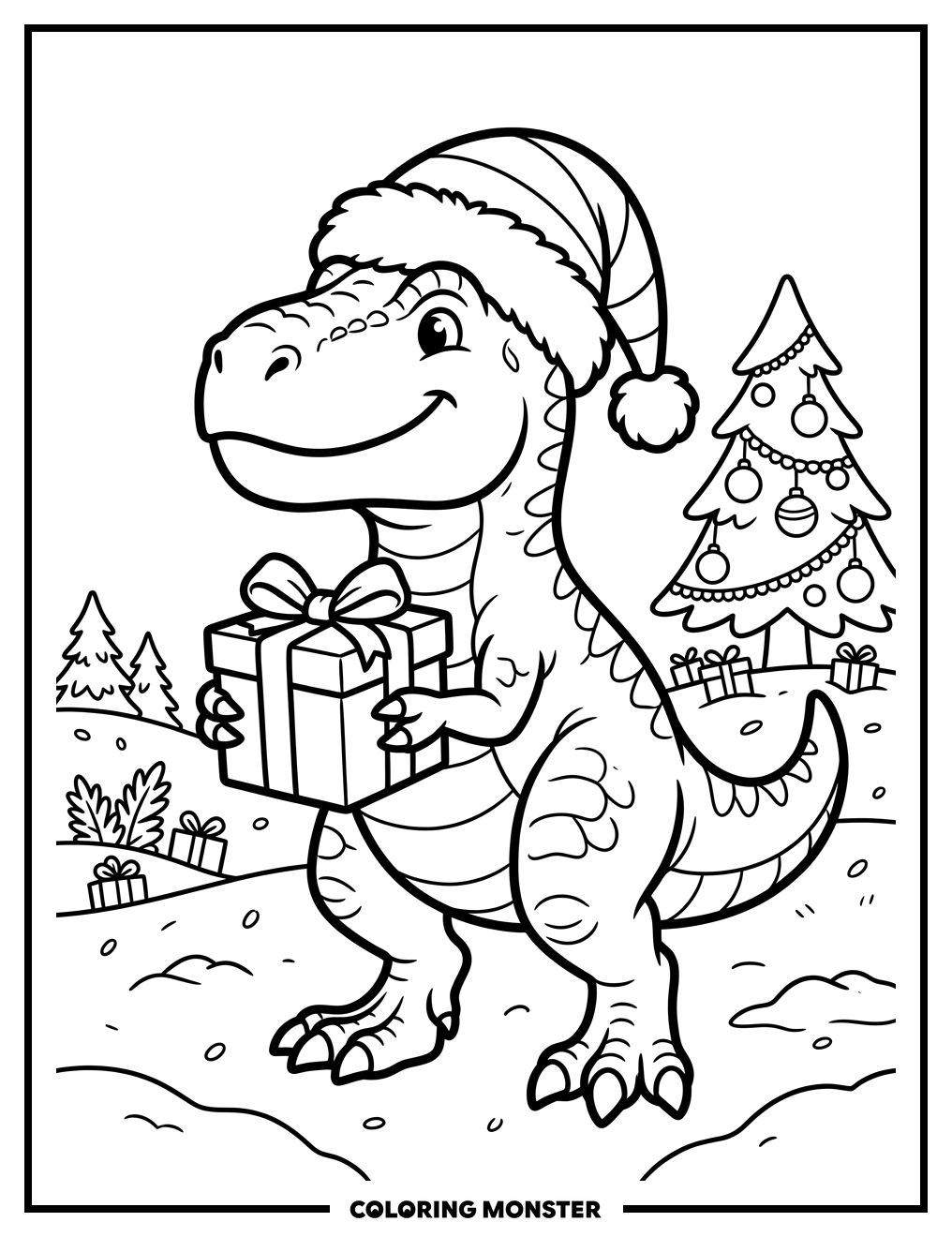T-Rex in Santa Hat Holding Gift Coloring Page