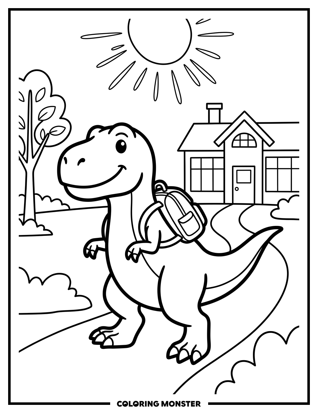 T-Rex On The Way To School Coloring Page