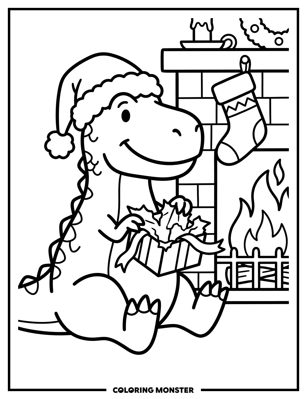 T-Rex Opening Christmas Present Coloring Page