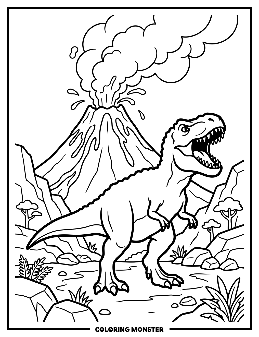 T-Rex Roaring by Erupting Volcano Coloring Page