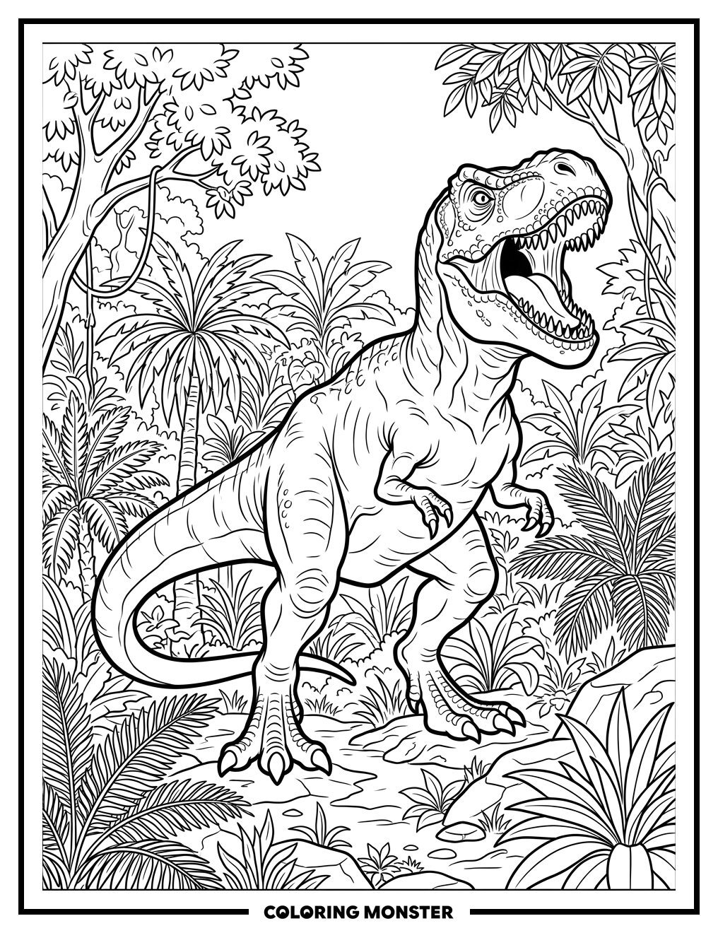 T-Rex Roaring in Jungle Coloring Page