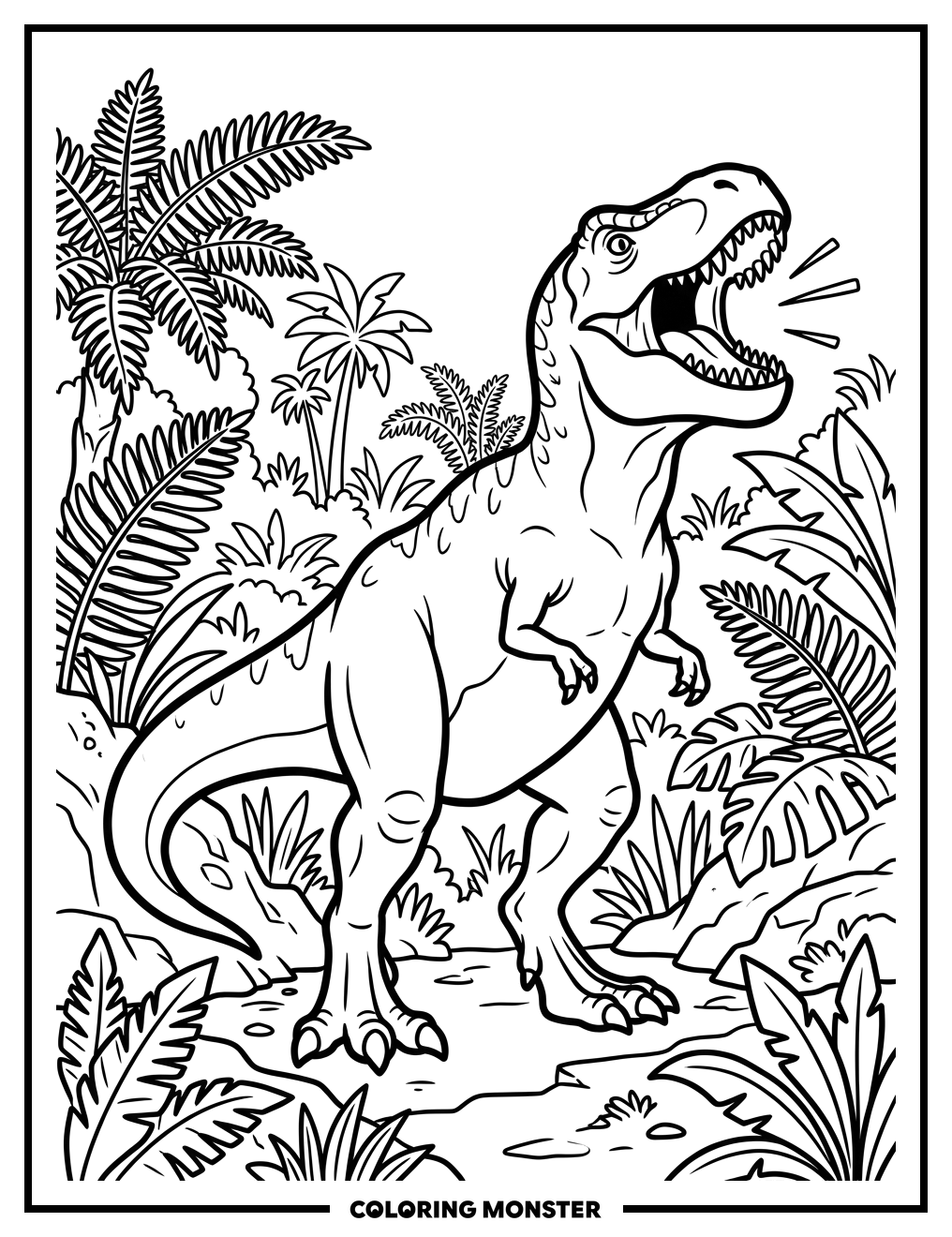 T-Rex Roaring in Prehistoric Jungle Coloring Page