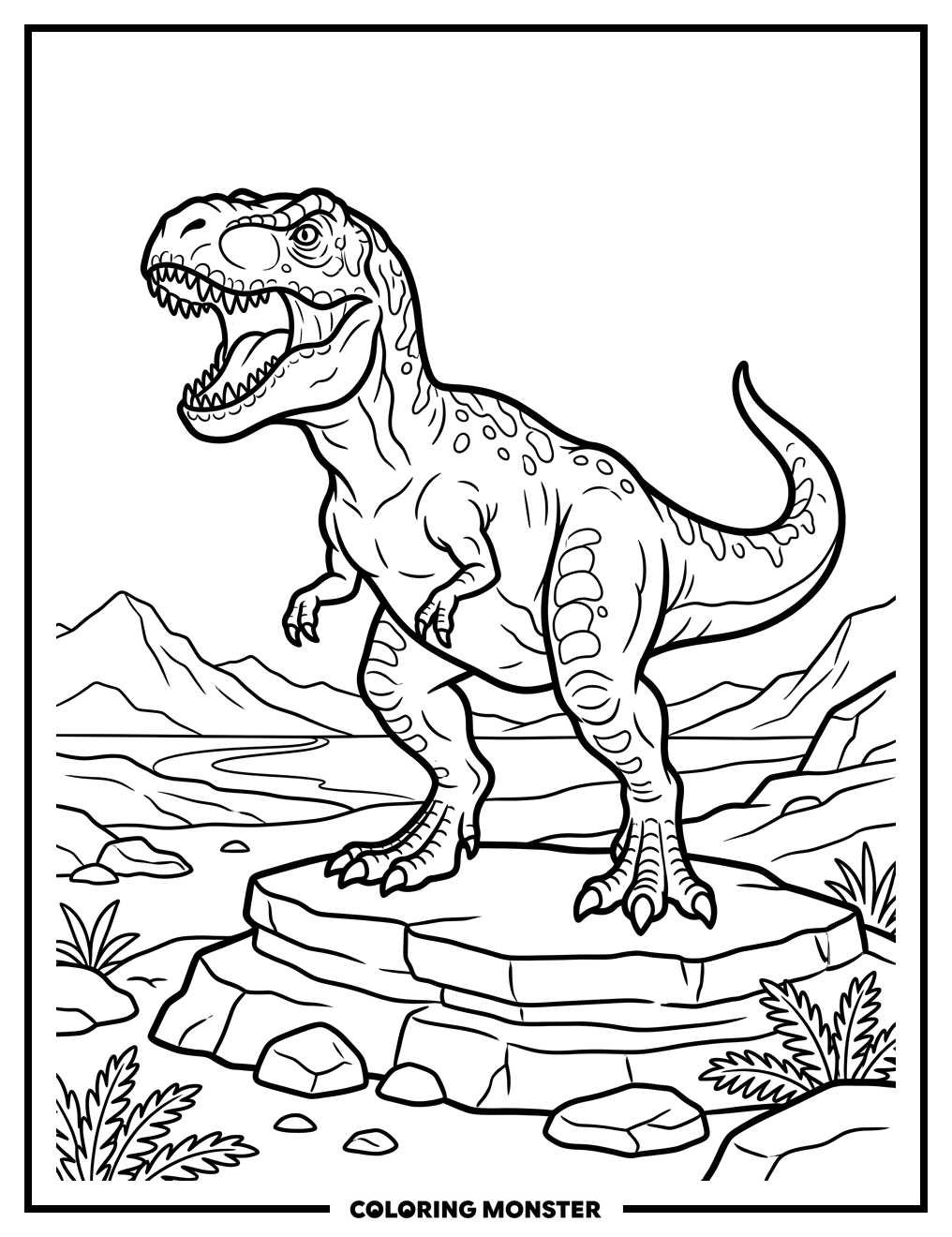 T-Rex Roaring on Rocky Outcrop Coloring Page