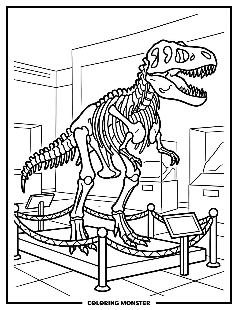 T-Rex Skeleton In Museum Coloring Page