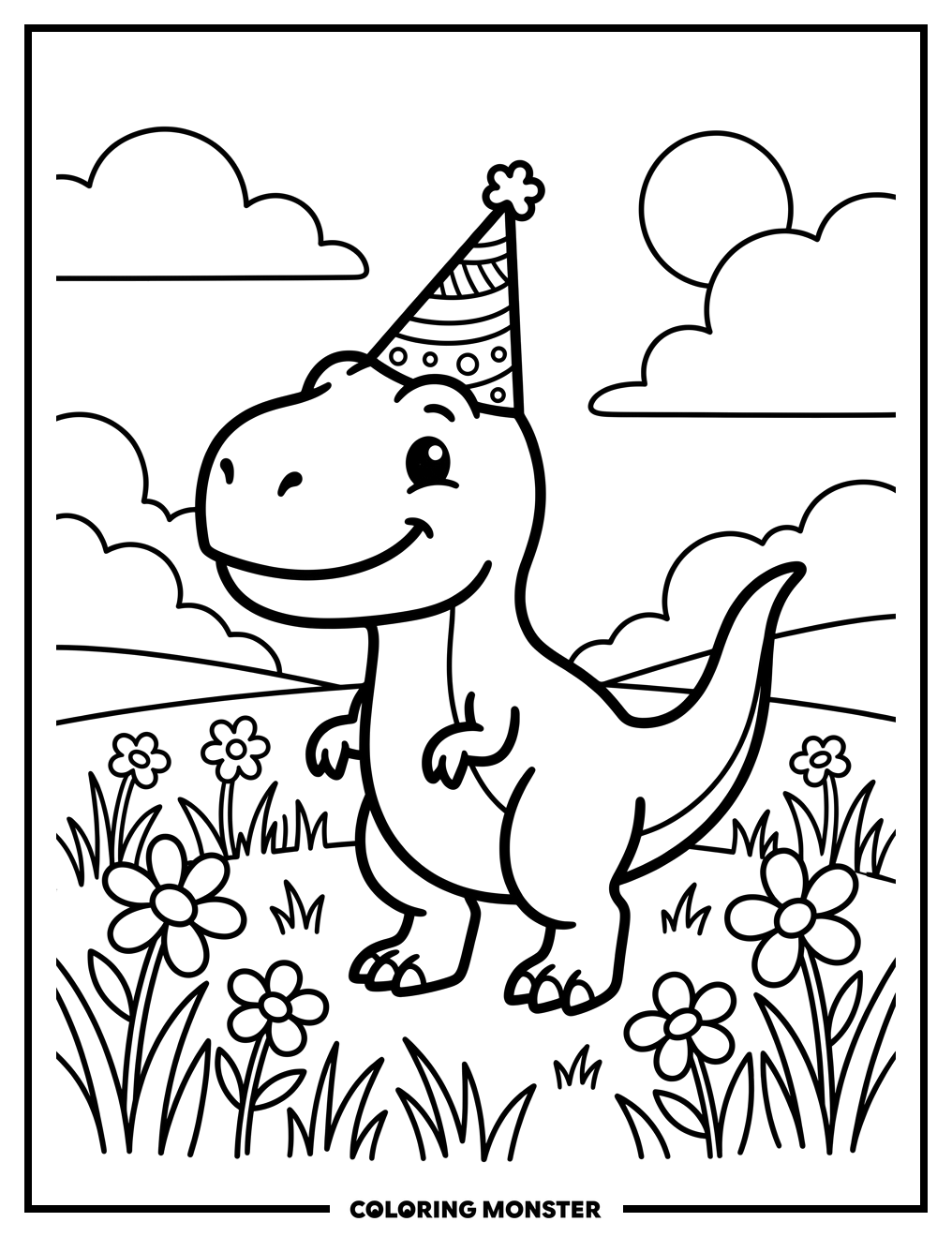 T-Rex Wearing A Party Hat Coloring Page