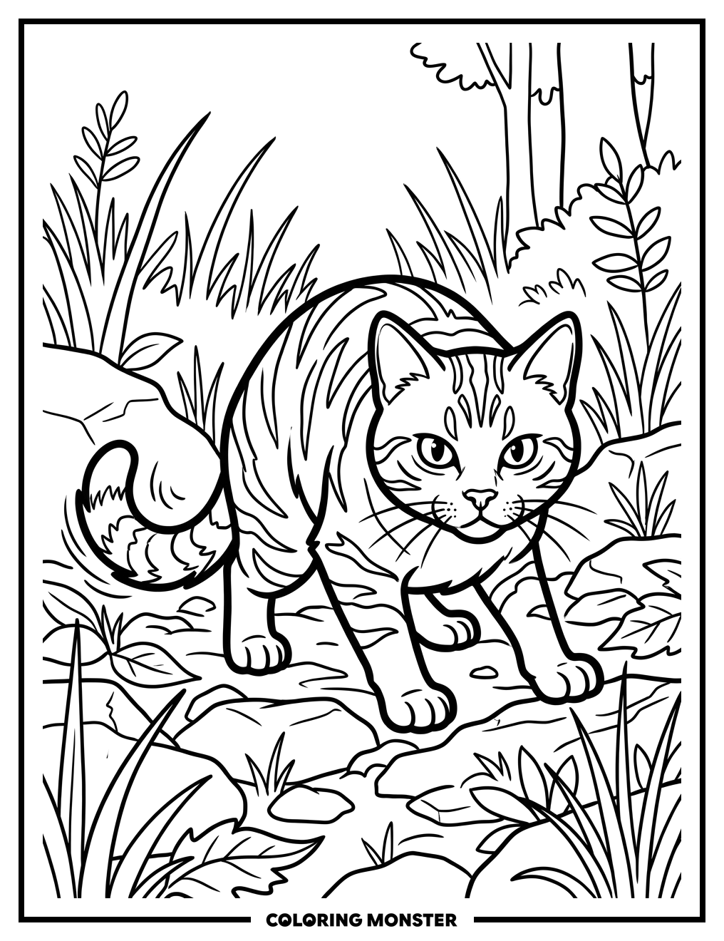 Tabby Cat Warrior in Forest Coloring Page