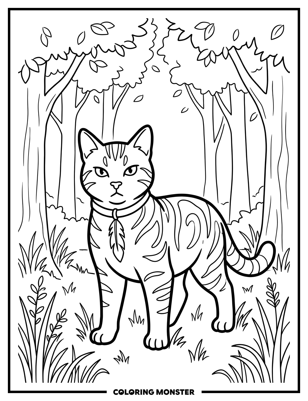 Tabby Cat Warrior in Forest Clearing Coloring Page