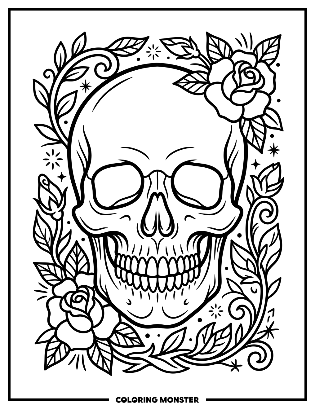 Tattoo Style Skull With Roses Coloring Page