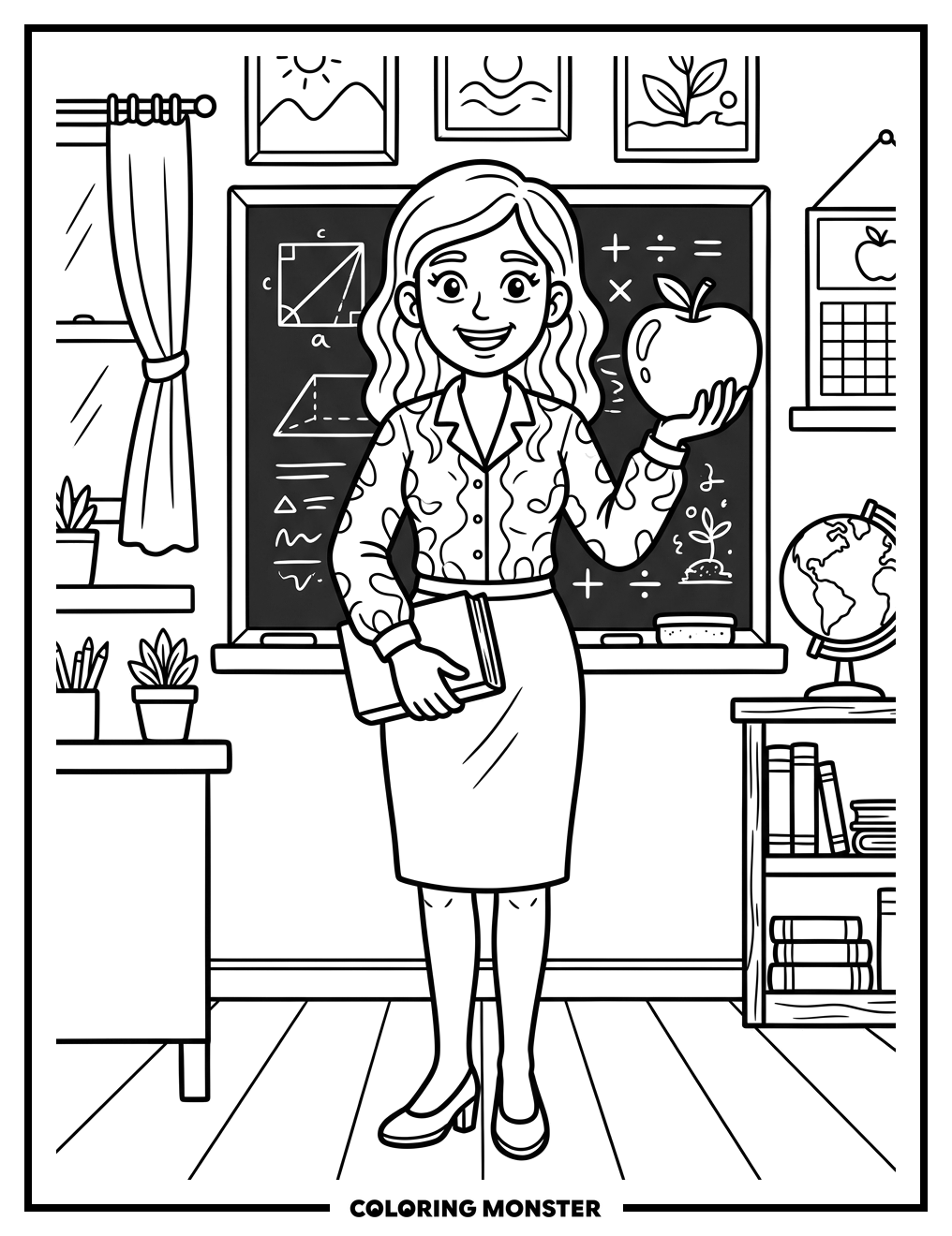 Teacher and Apple in Classroom Coloring Page