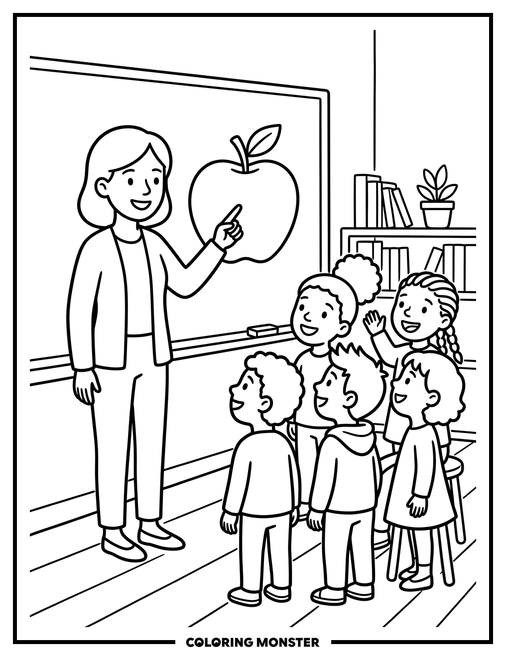 Teacher and Students Learning About Apples Coloring Page