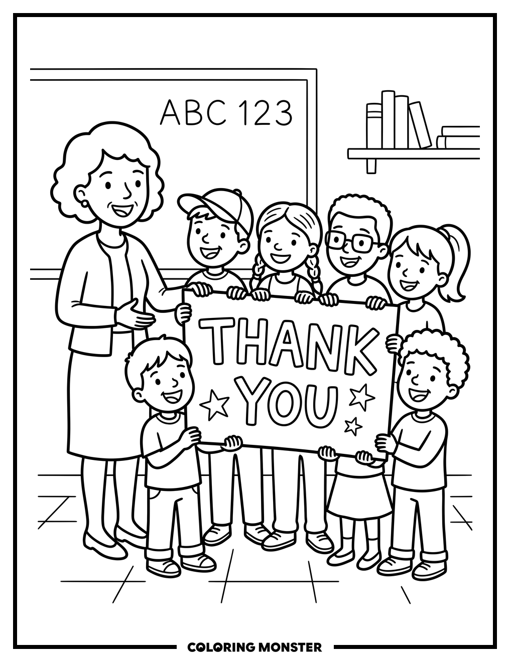Teacher and Students Say Thank You Coloring Page
