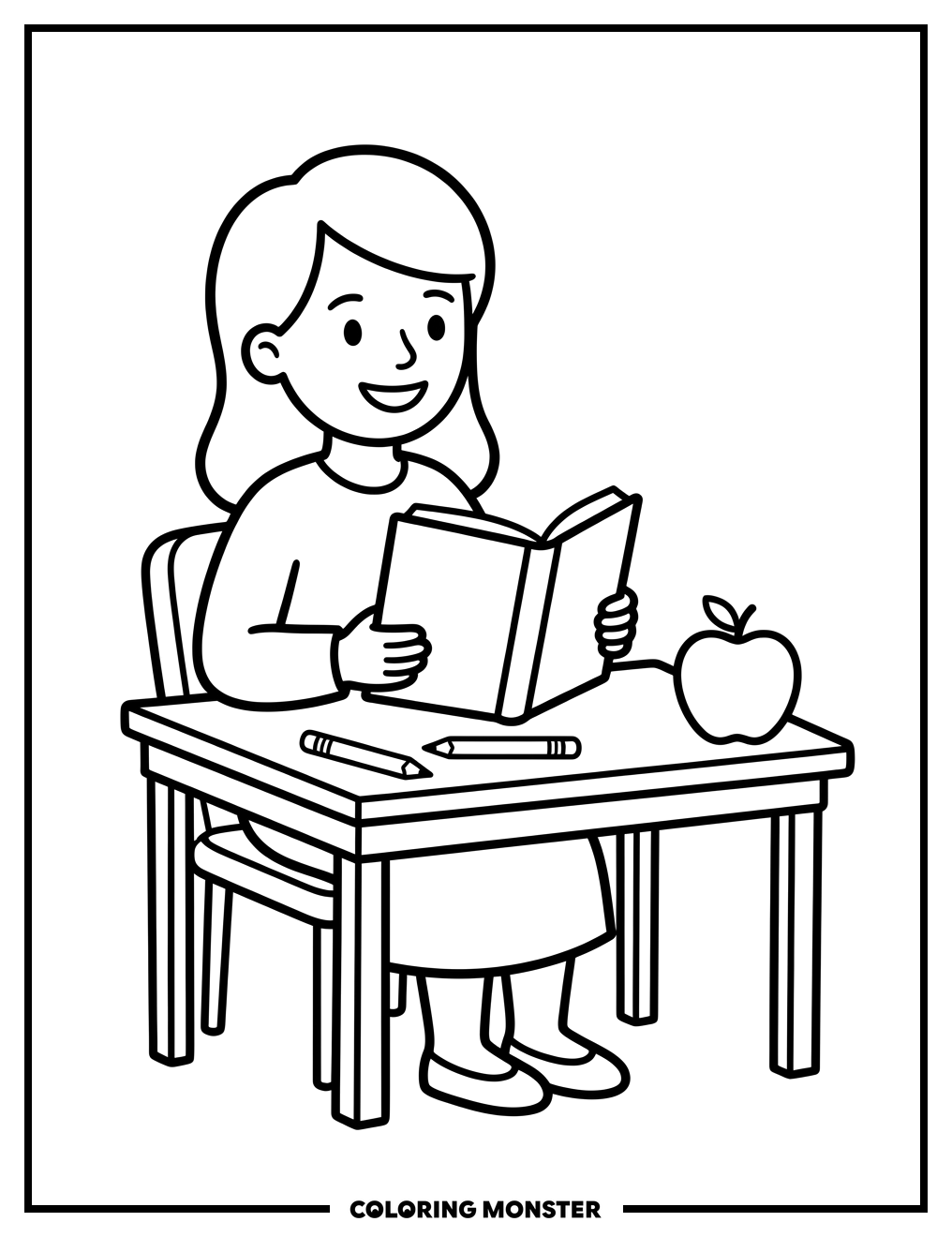 Teacher At Desk With Apple Coloring Page