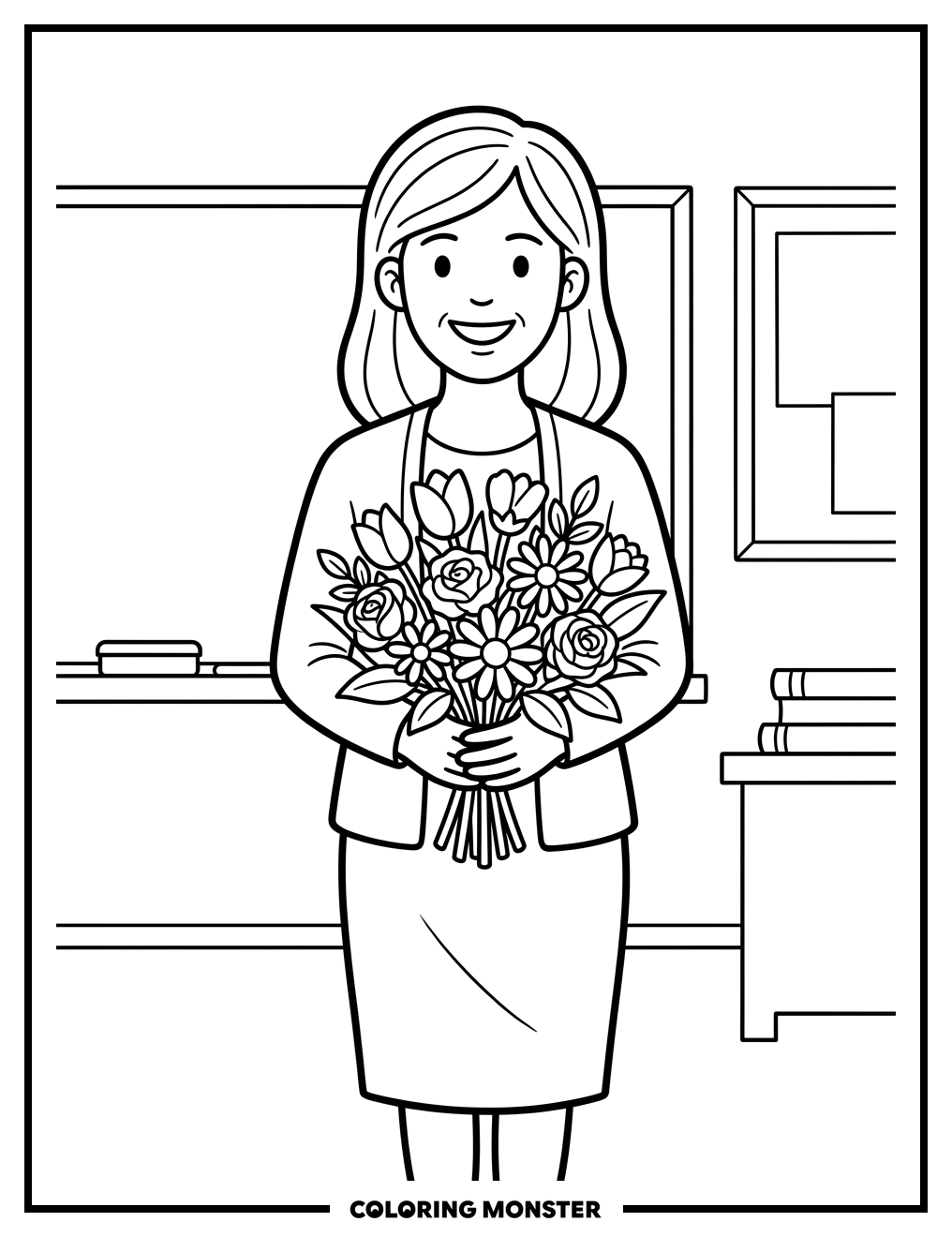 Teacher Holding a Flower Bouquet Coloring Page