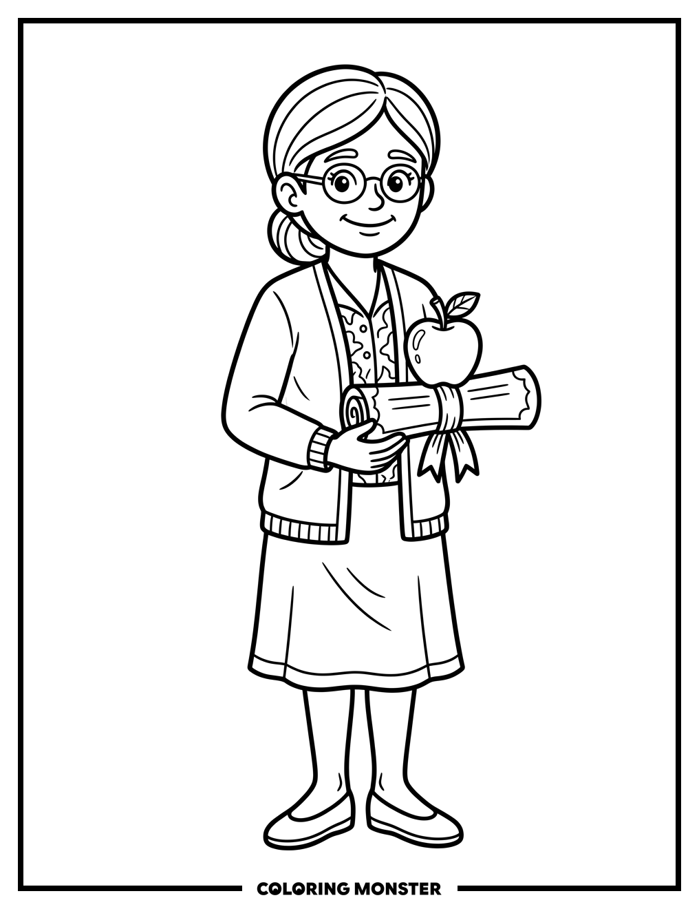 Teacher Holding Diploma and Apple Coloring Page